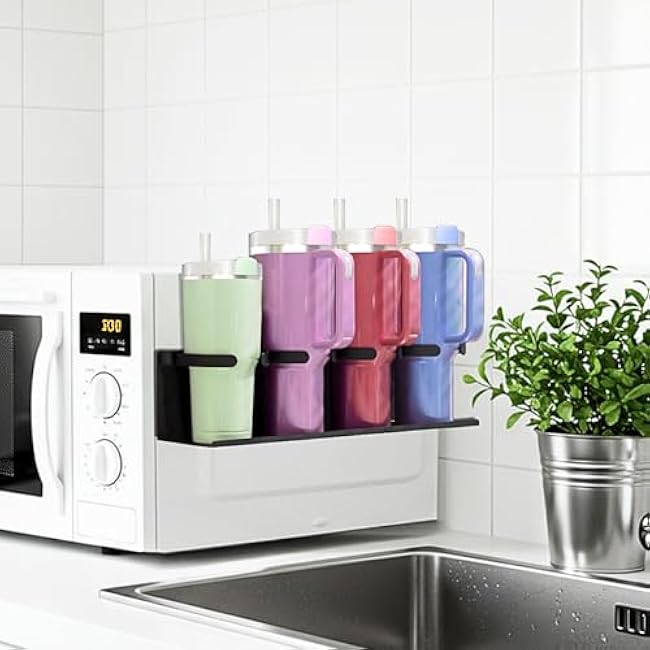 Magnetic Fridge Cup Holder for Stanley 20/30/40 oz with Tumbler Lid Organizer, Strong Magnetic Water Bottle Storage Rack (Black, 8 Cup)