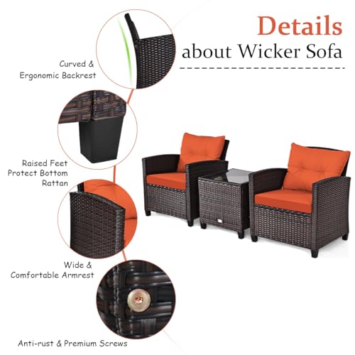 Image of Tangkula 3 Pieces Patio Furniture Set, PE Rattan Wicker 3 Pcs Outdoor Sofa Set w /Washable Cushion and Tempered Glass Tabletop, Conversation Furniture for Garden Poolside Balcony (Orange)