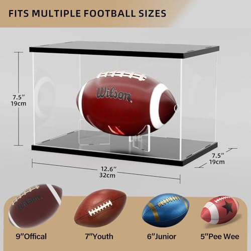Image of Acrylic Football Display Case with LED Lights,Dustproof Memorabilia Display Box Showcase for Full Size Football with Removable Ball Stand&UV Protection (Black 12.6x7.5x7.5 inch)