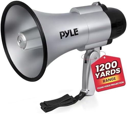 Pyle Portable Megaphone Speaker Siren Bullhorn - Compact and Battery Operated with 30 Watt Power, Microphone, 2 Modes, PA Sound and Foldable Handle for Cheerleading and Police Use - PMP33SL (Silver)