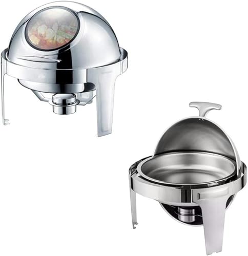 Chafing Dish mit sichtbarem Fenster, runder Chafer-Buffetwärmer aus Edelstahl mit Rolldeckel, Set mit Lebensmittelpfanne, Wasserpfanne und Brennstoffhaltern (Silber, 6,8 l) – Bild 5