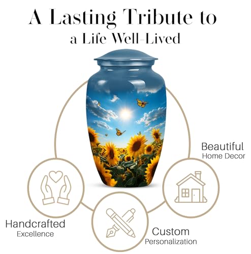 Image of Butterfly with Sunflower Urn for Ashes for Women - Large Urns for Human Ashes Adult Female - Yellow Sunflower Urn for Adult Mom and Dad - Large Decorative Urns for Handmade 10inch