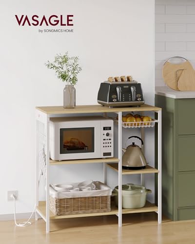 Image of VASAGLE Baker's Rack, Coffee Bar Stand with Charging Station, 35.6 Inches Tall, Storage Shelves, Pull-Out Wire Basket, Table for Microwave, Kitchen, Oak Beige and Ink Black UKKS036Y09