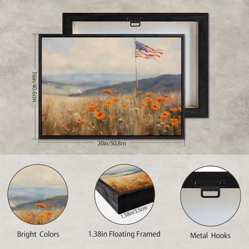 Image of American Flag Framed Canvas Wall Art, 4th of July Floral Canvas Prints, Wildflower Meadow Landscape Patriotic Decorations, Vintage Rustic Independence Day Wall Decor for Bedroom Living Room 16x20