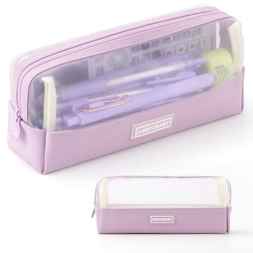 Image of ANGOOBABY Mesh Pencil Bag Clear pencil case Zipper Pouch Bags Multifunctional Pencil Holder for Students, Small Makeup Bag Suitable for Teen Girls & Boys (Violet)