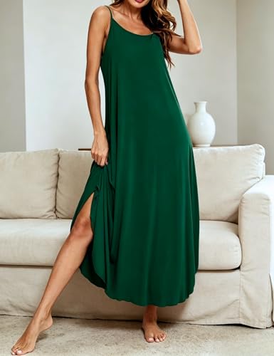 Image of SWOMOG Women Long Nightgown Pajama Dress Soft Strap Nightdress Summer Sleeveless Nightshirt Lounge Dress with Pockets