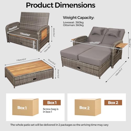 Panana Rattan Garden Daybed Sofa with Storage Ottoman, 2 Seater Outdoor Sun Lounger with Adjustable Backrest, Retractable Side Trays & Cushions, Loveseat Space Saving Patio Relaxing Chair Furniture 2 Panana Rattan Garden Daybed Sofa with Storage Ottoman, 2 Seater Outdoor Sun Lounger with Adjustable Backrest, Retractable Side Trays & Cushions, Loveseat Space Saving Patio Relaxing Chair Furniture - Image 2