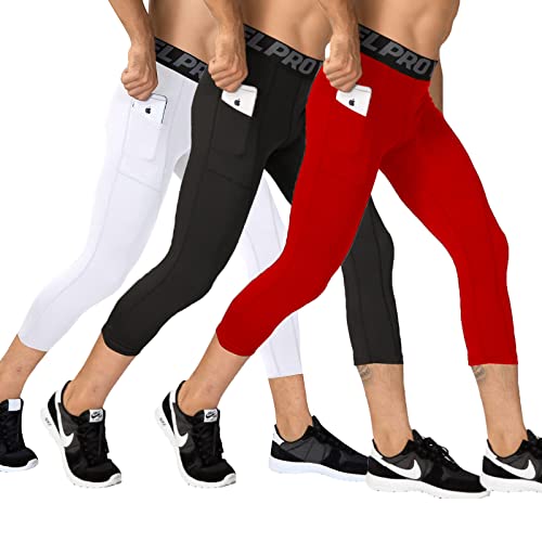 Abtioyllz 3 Pack Men's 3/4 Compression Pants Quick Dry Capri Athletic Leggings Workout Running Tights Gym Baselayer With Pocket #TOP2