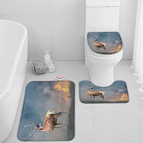 Zifarm Badematte rutschfeste 50x80 cm Hirsch Badvorleger-Set 3D Drucken Wald Tierwelt Feuer Mikrofaser Flanell… – Bild 5