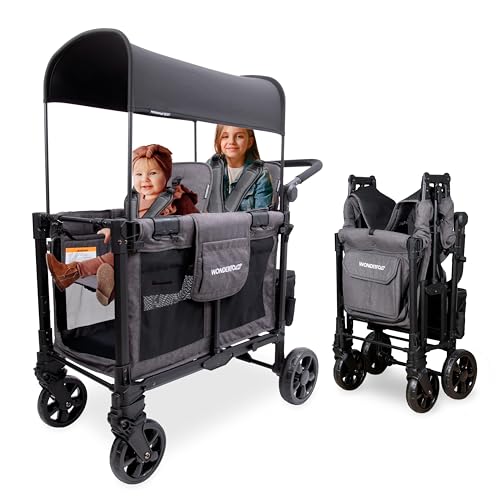 WONDERFOLD W2 Elite Pro Stroller Wagon (2 Seater) - Collapsible Wagon Stroller with Seats with 5-Point Harnesses, Adjustable Push Handle, and Adjustable Sun Canopy, Charcoal Gray