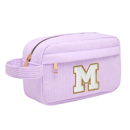 Initial Makeup Bag, Corduroy Cosmetic Bag, Travel Toiletry Bag with Metal Zip, Portable Makeup Bag for Women, Organiser, Christmas Birthday Gifts for Women, Girls, Pink, purple, M