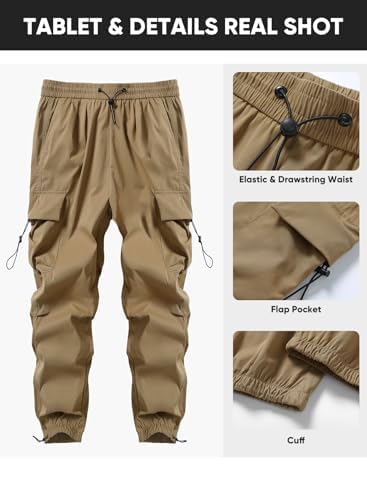 JMIERR Mens Wide Leg Parachute Cargo Trousers Baggy Sweatpants, Khaki, M