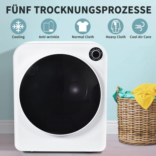 Secadora silenciosa de pared (62 dB): secadora de 3 kg con 830 W, tambor de acero inoxidable, filtro triple y 5 programas, protección contra sobrecalentamiento, perfecta para viviendas pequeñas