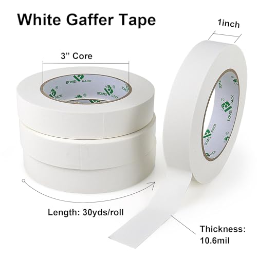 Image of BOMEI PACK White Gaffer Tape, Matte Non-Reflective, 4 Pack 1inch x 30yds No Residue Hand Tear Self-Adhesive Gaffer Tape for Labeling,Photo Studio, Painters