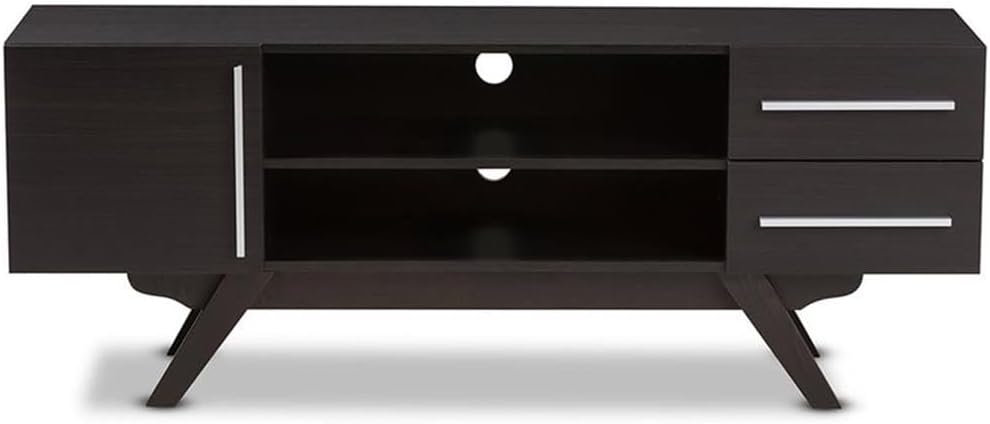 BOWERY HILL 60" Mid-Century Modern TV Stand Console, Engineered Wood and MDF, Dark Brown Finish, 2 Drawers, Open Shelves, Solid Wood Legs, Entertainment Center for Living Room