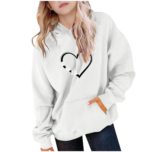 duxyoz Hoodies for Teen Girls Oversized Preppy Hooded Sweatshirt Heart Print Casual Loose Fit Basic Sweatshirt with Hood Pocket White 14-15 Years