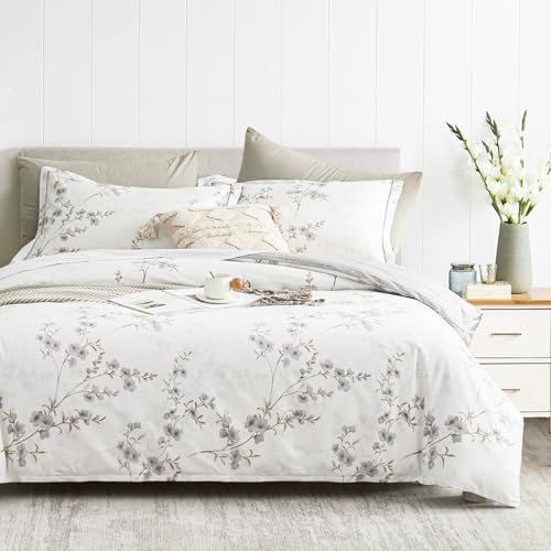 LEMIROE Vintage Botanical White Cotton Comforter Queen Size - Elegant Gray Flowers and Taupe Branches on White, Light Gray Striped Back, 3PC Lightweight Bedding Set with Ultra-Soft Alternative Fill