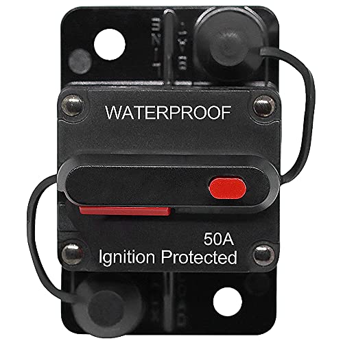 Ruolin Disjoncteur de Voiture 30A - 150A, DC 12V - 48V Disjoncteur Étanche avec Réinitialisation Manuelle pour Moteur Auto Voiture Marine Bateau Vélo Stéréo Audio, 50A