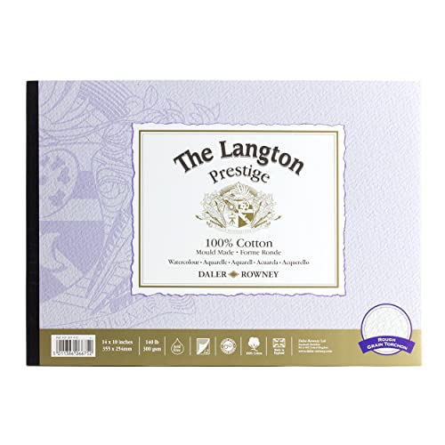 Daler-Rowney The Langton Prestige Bloc de papier aquarelle 300 g/m² 35,6 x 25,4 cm 1 face collée 12 feuilles blanches naturelles pour artistes professionnels et étudiants