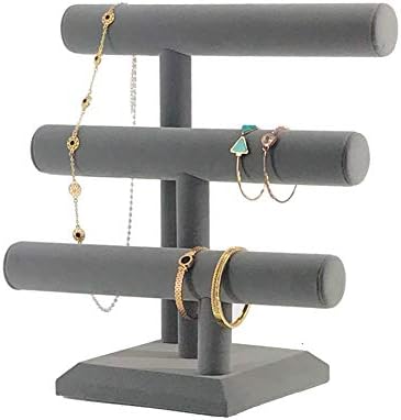 7TH VELVET Jewelry Organizer Holder with 3 Tier, Easily for Necklace Bracelet and Watch Display, Table Top Holder Display Stand, Gray Velvet T Bar Jewelry Tower