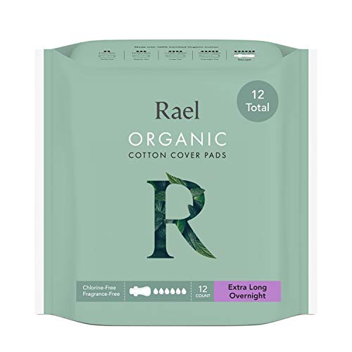 Rael Organic Cotton Sanitary Pads - Extra Long Overnight Size, Heavy Absorbency, Unscented, Ultra Thin Pads for Women, Postpartum (12 Count)