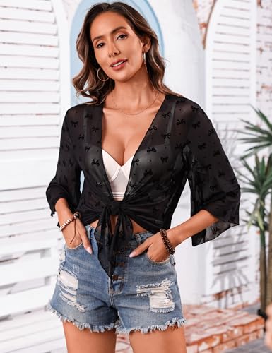 Image of Totatuit Women's Short Cardigan Bolero Sheer Shrug Tie Open Front Bell Sleeve Summer Cropped Bolero Cardigan