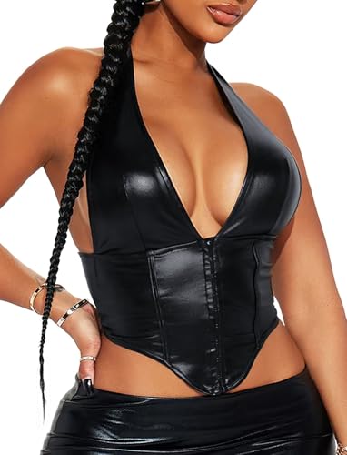 TZLDN Sexy Leather Tops for Women PU Halter Y2k Backless Asymmetrical Going Out Crop Tank Tops Corset Concert Club Outfits