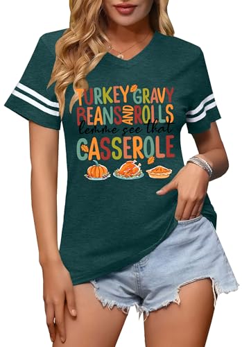 Thanksgiving Shirts for Women V Neck: Thankful Pumpkin Tshirt Turkey Gravy Beans and Rolls T Shirts Fall Tops — view 4