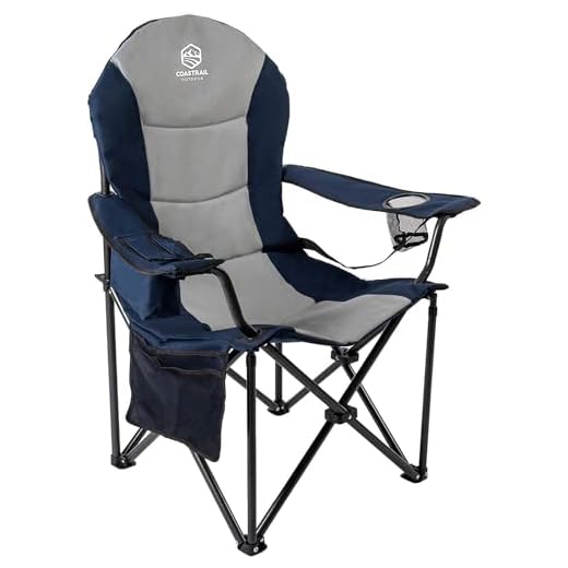 Coastrail Outdoor Camping Chair with Lumbar Back Support, Oversized Padded Lawn Chair Folding Quad Arm Chair with Cooler Bag, Cup Holder & Side Pocket, Supports 400lbs, Grey, XXL