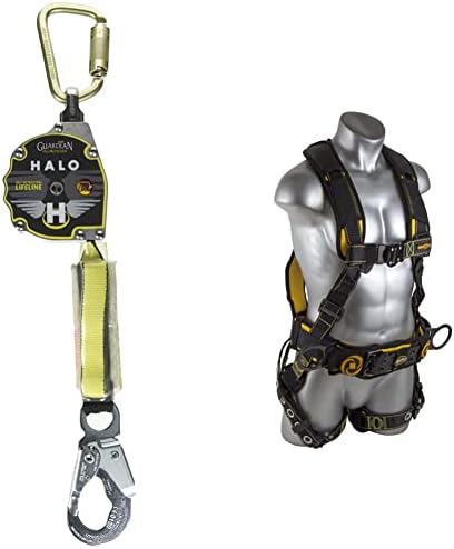 Guardian 10900 Halo Web SRL – 11 ft. Nylon Webbing with Carbineer & Guardian 21030 Cyclone Construction Harness with QC Chest/TB Leg/TB Waist Belt/Side D-Rings, Black/Yellow