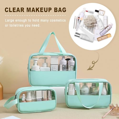Image of KBS Toiletry Kit Cosmetic Makeup Storage Organizer Clear Styilish Wash Bag Pouch Set of 3 for Travel Luggage Transparent with Metal Zipper Gift for Men Women Girls (Cyan)