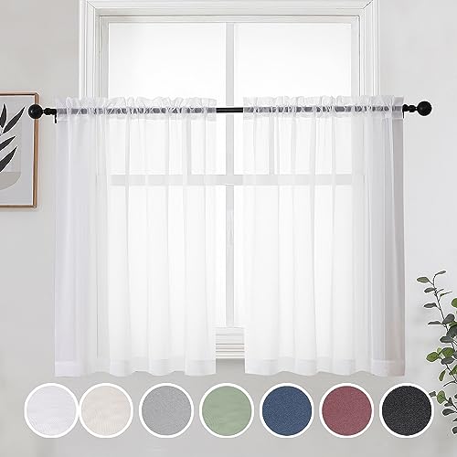 Image of OWENIE Short Sheer Curtains 30 Inches 2 Panels Set, Kitchen Curtains Tiers Light Filtering Rod Pocket Cafe Curtain for Bathroom Small Half Window, 42 in W x 30 in L, White