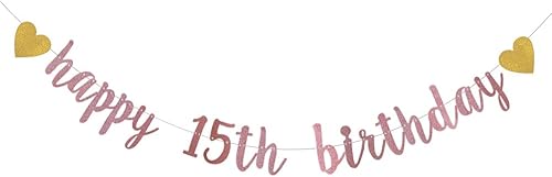 XIAOLUOLY - Cartel con purpurina de oro rosa, pre-encordado, decoración de fiesta de cumpleaños de 15 años, telón de fondo de feliz cumpleaños 15