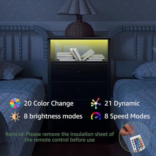 Image of BOLUO Tall Night Stand with Drawers, Black Nightstand with Charging Station and LED Light, Small White 4 Drawer Dresser for Bedroom, Room Storage Closet