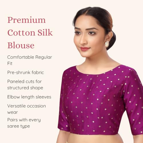 Image of Studio Shringaar Women Cotton Silk Silky Brocade Readymade Elbow Length Sleeves Saree Blouse Choli