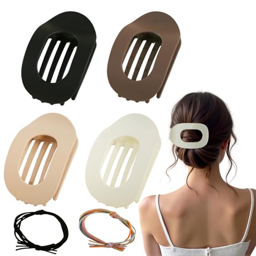 CHAOBANG 4pcs Non Slip Flat Hair Clips,Plus 2 Hair Ties,No Hurt Hair,Lay Down Claw Clips,4 Neutral Color,Duckbill Hair Clips for Women Thin/Thick/Curly Hair