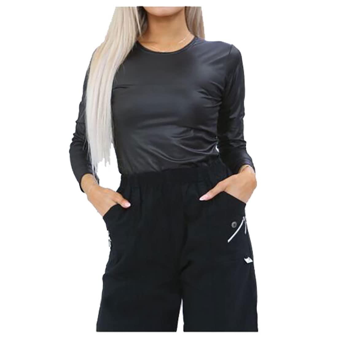 Stylewear Women's Black Elastic Waist Cherry Button Comfy Shorts Zipper Pockets Stretchy Summer Shorts