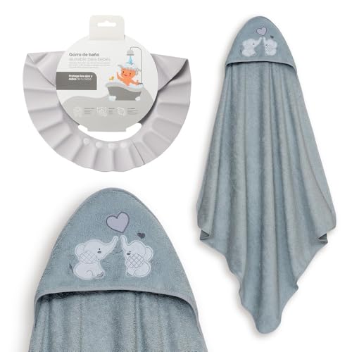 Interbaby - Capa de Baño Bebé + Gorro Ajustable | Toalla con Capucha 100% Algodón, Unisex | Suave, Secado Rápido | Ideal para Recién Nacidos, Bebes y Niños Pequeños | Diseño Parejita Elefante