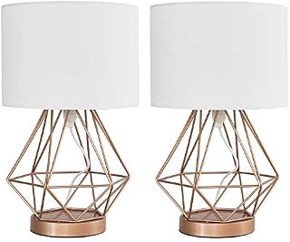 Pair of - Modern Copper Metal Basket Cage Touch Table Lamps with a White Cylinder Shade
