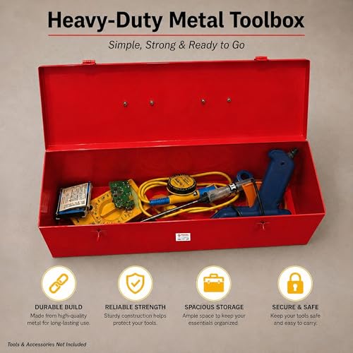 Image of PAHAL Metal Tool Box 12 x 4 x 4.5 Inch, Heavy Duty Steel Tool Storage Box, Durable Multipurpose Toolbox for Mechanic, Electrician & Home Use (Red, Portable, Empty)
