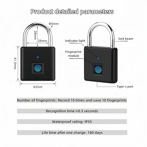 Image of Fingerprint Padlock, Ultra-Light and Portable,Quick to Unlock in 1 Second,Can Be Used for 180 Days On A Single Charge,Anti-Cut and Anti-Saw,Can Record 10 Fingerprints