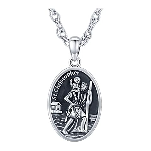 ECHOOY St Christopher Necklace for Men 925 Sterling Silver Pendant Saint Christopher Religious Jewellery for Men Women, 20 + 2 Inches Cover