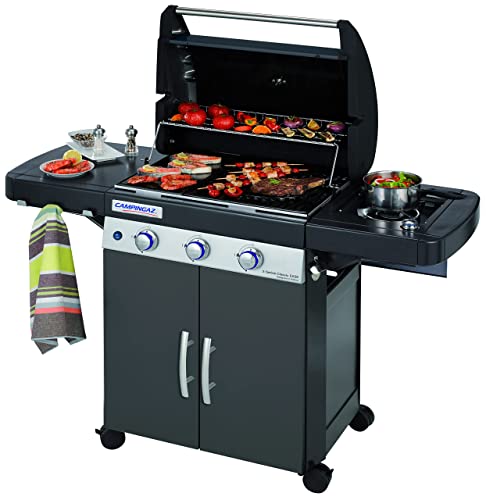 Campingaz Gasgrill 3 Series Classic EXSE, BBQ Grill mit 3 Edelstahl-Brennern und Seitenkocher, Standgrill mit Deckel und Thermometer, InstaClean Reinigungssystem und Culinary Modular System