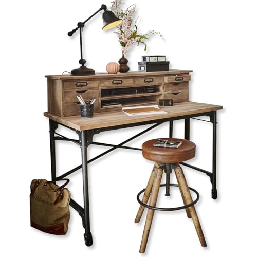 Loberon Schreibtisch Leognan, Industrial-Design, mit Antikem Sekretär-Aufsatz, Zahlreiche Schubladen, Schöne Holzmaserung, Bürotisch, Eisen, Mangoholz, braun/schwarz