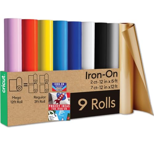 Cricut Iron-On Vinyl Bundle -12ft Rainbow HTV, 5ft Black & White Rolls - Heat Transfer Vinyl for Cricut, Silhouette & All Cutting Machines - Beginner Friendly Craft Pack for DIY T-Shirts and Tote Bags