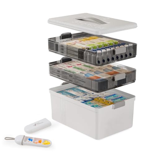 GEEKHOM Boîte de rangement à 3 étages - Grande boîte à médicaments - Taille XXL - 31,5 x 22 x 25 cm - Avec poignée en cuir et compartiment amovible et petite boîte à comprimés - Pour la maison, le