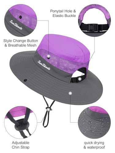 Kids Summer Sun Hat with Ponytail Hole Girls UV Protection Wide Brim Beach Cap with Sunglasses and Hat Clip Age 5-12 5
