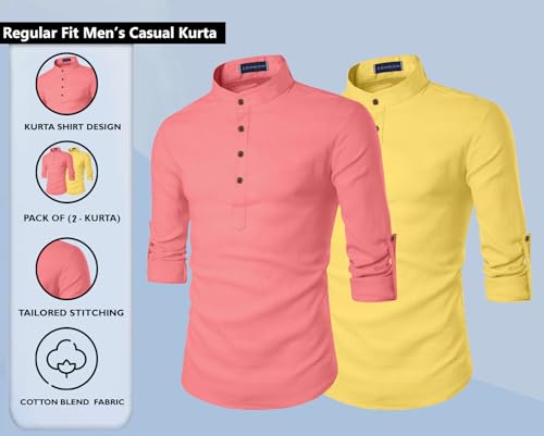 Image of Zombom Men's Combo Cotton Polyester Blend Solid Full Sleeve Straight Regular Fit Mandarin /Chinese Collor Kurta (Pack of 2)