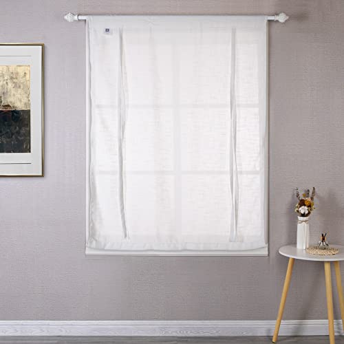 Driftaway Solid Color Faux Linen Slub Sheer Voile Tie Up Decorative Linen Curtains Adjustable Balloon Rod Pocket Window Curtains For Small Window 25 Inch By 47 Inch White #TOP1