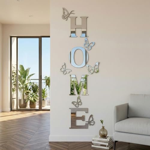 Vaabee Home Wall Decor Signs Letters 10PCS Acrylic Mirror Stickers Family House Decorations for Living Room Bedroom Dining Home Modern Decoracion de Pared para Sala Silver 59x21 Inch